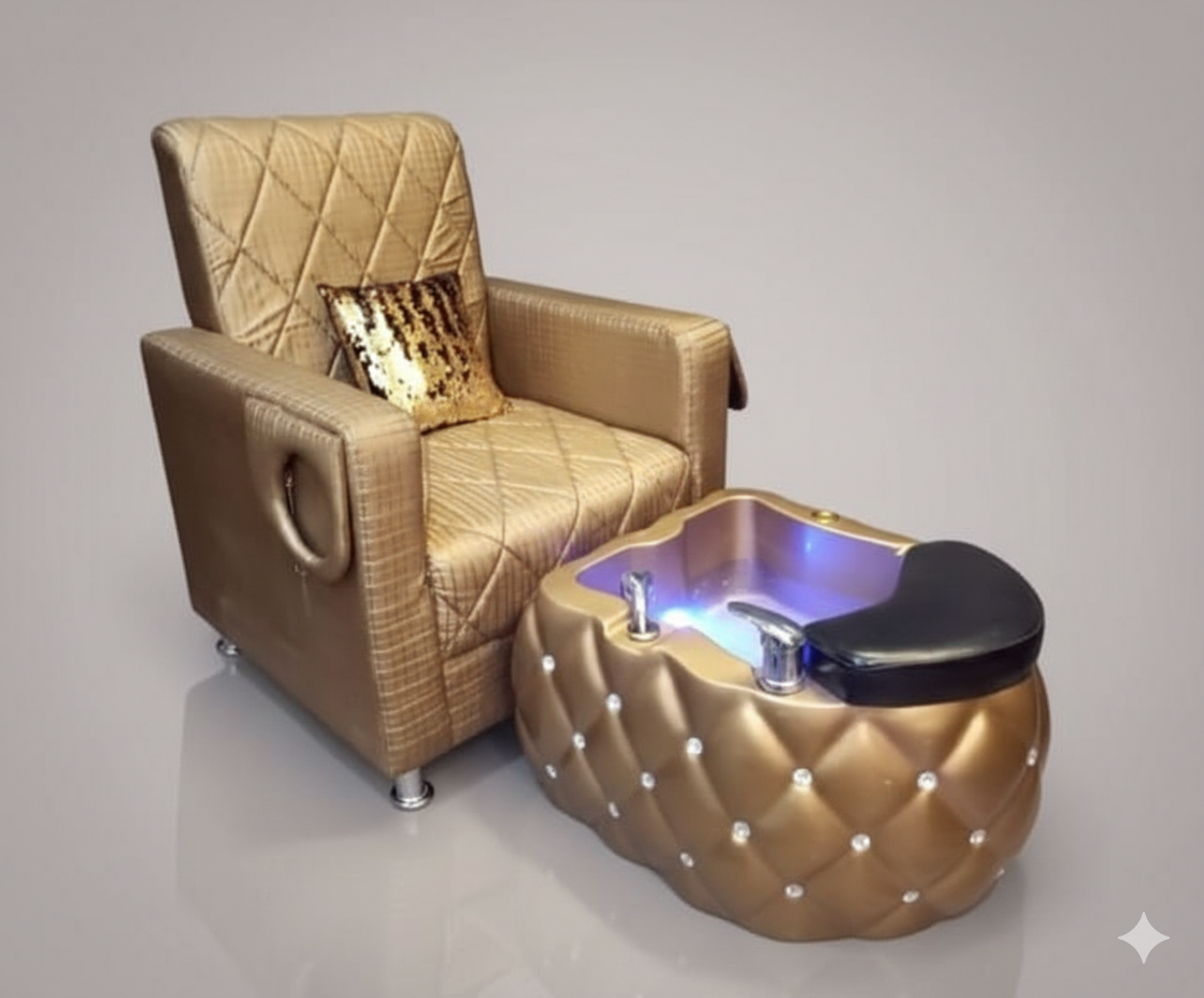 Luxury Golden Pedicure Spa Chair with LED Foot Spa Tub | Nail Salon Pedicure Chair