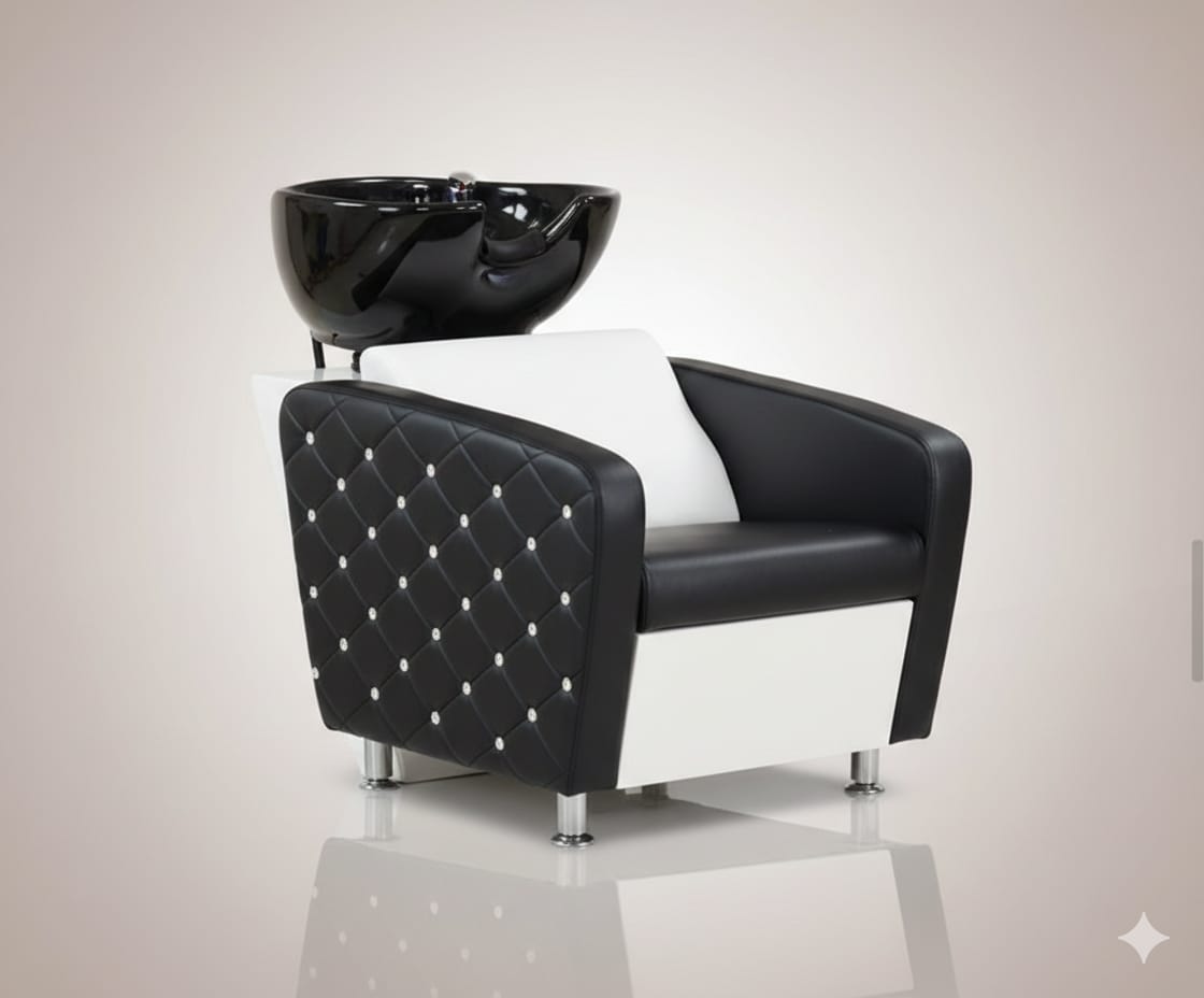 Luxury Crystal Button Salon Shampoo Chair with Ceramic Basin | Professional Hair Wash Station