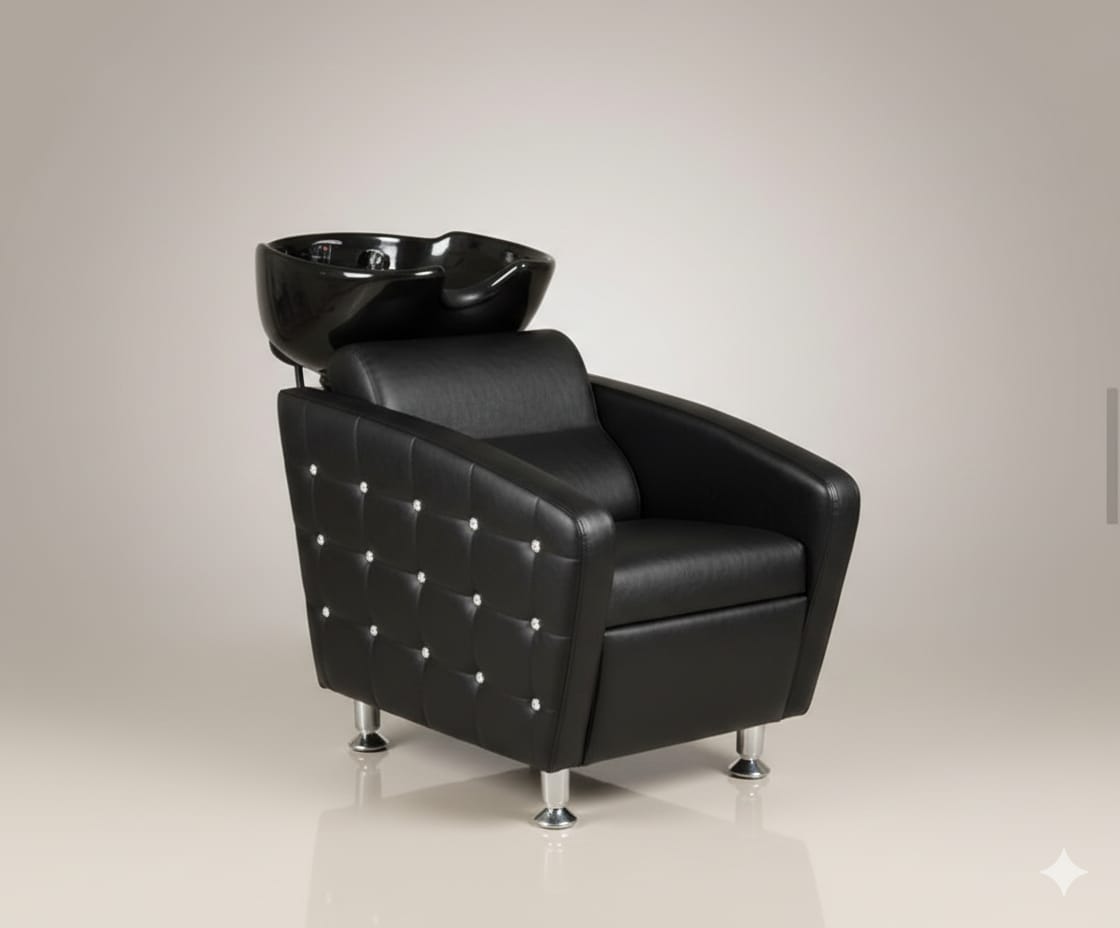 Luxury Crystal Button Salon Shampoo Chair with Ceramic Basin | Professional Hair Wash Station